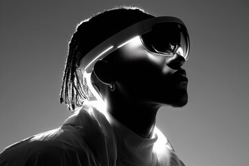 Hombre con gafas de realidad virtual, Retrato en blanco y negro de un hombre con dreadlocks y gafas futuristas, Imagen para campaña de realidad virtual, Mockup para anuncio de gafas inteligentes