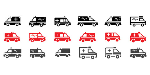 Emergency vehicles icons in red and gray on black background