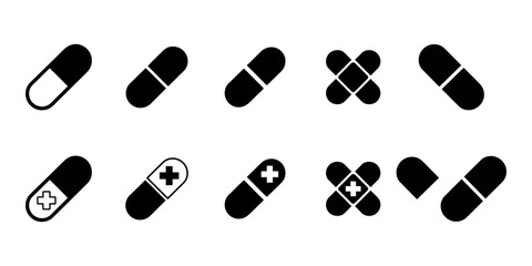 Various medicine pills and capsules icons in black and white