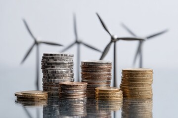 Stacks of coins in front of wind turbines representing sustainable energy investment