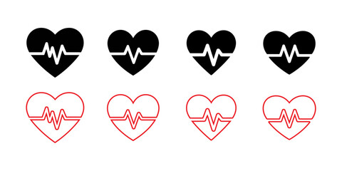 Red heart rate line icons on black background for medical themes