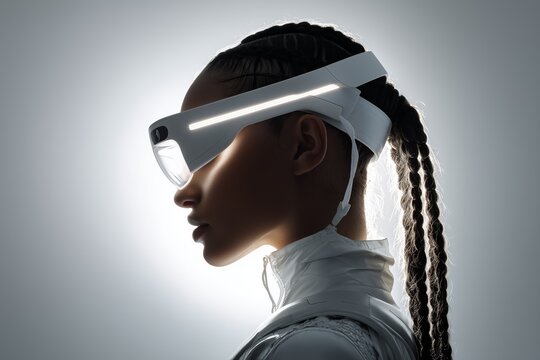 Mujer con gafas de realidad aumentada, Perfil de chica joven con gafas de realidad virtual y trenzas, Mockup de gafas futuristas para publicidad, Imagen para campa&ntilde;a de tecnolog&iacute;a inmersiva