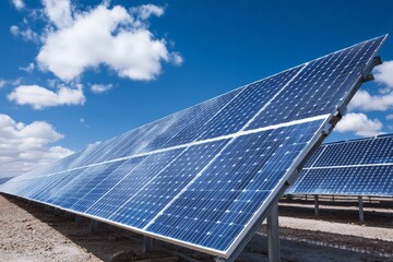 Solar panels lined up under a bright blue sky in a renewable energy field during a sunny midday