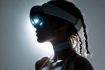 Retrato de mujer con auriculares VR futuristas y labios rojos, Campa&ntilde;a de publicidad para tecnolog&iacute;a inmersiva, Mockup para dise&ntilde;o de p&aacute;gina web de metaverso, Mujer con gafas de realidad virtual