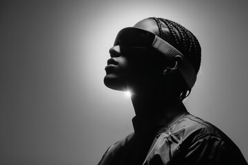 Retrato en blanco y negro de mujer con gafas futuristas, Est&eacute;tica monocrom&aacute;tica editorial, Campa&ntilde;a de moda vanguardista, Banner para podcast de estilo de vida