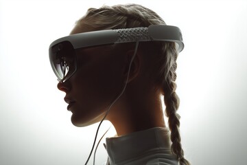 Mujer con gafas de realidad aumentada en perfil, Publicidad para marca de tecnolog&iacute;a wearable, Mockup para dise&ntilde;o de packaging tecnol&oacute;gico, Est&eacute;tica futurista con gafas de realidad virtual