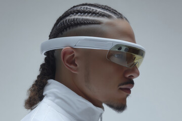 Retrato de perfil de un hombre con gafas futuristas, Mockup para empresa de tecnolog&iacute;a, Publicidad para gafas de realidad virtual, Est&eacute;tica futurista minimalista