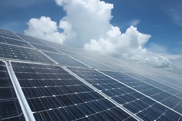 Solar panels collecting sunlight on a clear day under blue skies and fluffy clouds