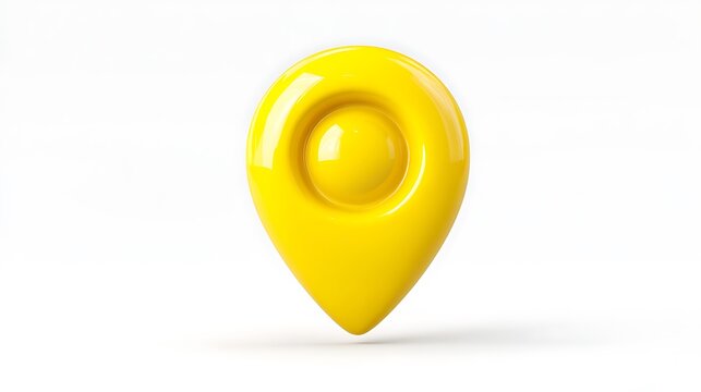 Yellow 3D map pin icon with a circular indentation on a photo white background location marker