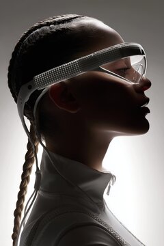 Retrato con luz lateral de modelo con est&eacute;tica ciberpunk, Campa&ntilde;a publicitaria de moda tecnol&oacute;gica, Imagen para art&iacute;culo sobre tendencias en gafas, Est&eacute;tica futurista minimalista