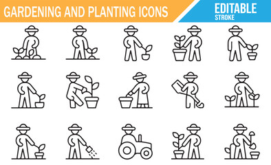 Clean line icons for gardening, watering, and digging.