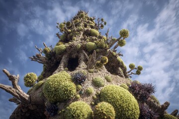 Unique tree structure covered in moss and lichen against a blue sky during daytime