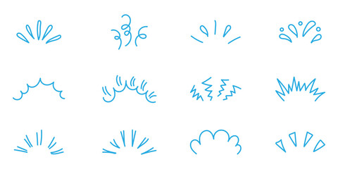 Hand drawn line art bursts with surprise rays and sparkles. Doodle hand drawn starburst icons shine bright. Playful handmade sketch with comic line art on isolated background , vector illustration.