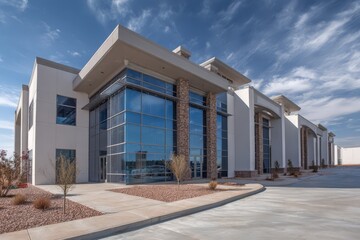 Modern commercial building showcasing large glass windows and clean architectural lines in a sunny urban setting