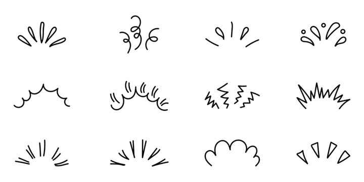 doodle line sparkle vector set, comic style decorative lines, burst effects, and dynamic radial patterns. Hand drawn pop surprise line frame for title headline illustration. Doodle sparkle and rays .