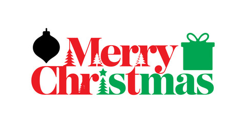 Merry Christmas greeting with festive ornaments and gift