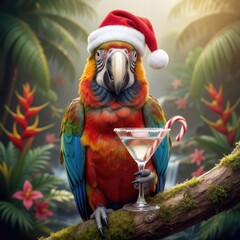 A colorful parrot wearing a Santa hat sits on a branch in a lush jungle, holding a cocktail with a candy cane garnish