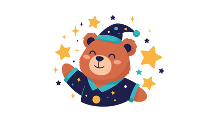 Naklejka premium Adorable brown bear wearing a nightcap and pajamas surrounded by glowing yellow stars in a cozy nighttime illustration for children.