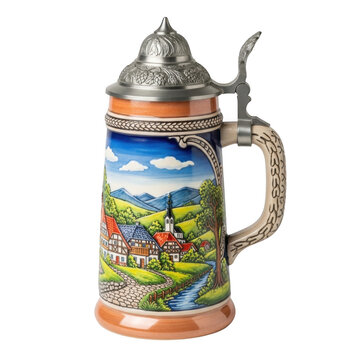 Traditional german beer stein with village scene