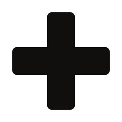 Black Minimalist Plus Sign Icon; Bold Addition Symbol Vector for Healthcare, Medical First Aid, Pharmacy, Plus Button, and Positive Mathematics Graphic isolated on White Background