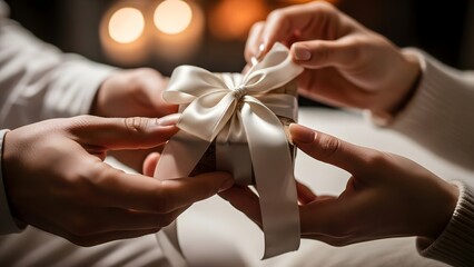 Close-up of Hands Giving and Receiving a Beautifully Wrapped Gift Box with a White Satin Bow