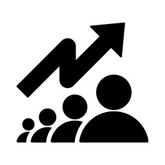 Black Minimalist Icon of Rising Growth Arrow above a Row of People; Vector Graphic Representing Audience Expansion, Population Increase, Customer Base Growth, and Successful Business Scaling isolated 