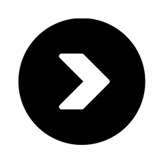 Minimalist White Right Arrow Icon in Black Circle; Bold Directional Symbol for Navigation, Next Page, Play Button, and Forward Transition isolated on White Background