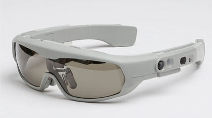 Gafas inteligentes de realidad aumentada sobre fondo blanco, Wearable tecnológico con cámara integrada y diseño ergonómico, Mockup para campaña de gafas de realidad virtual
