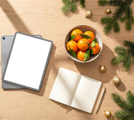 Top View of Digital Tablet Mockup with Blank White Screen, Tangerines, and Notebook on Wooden Christmas Table