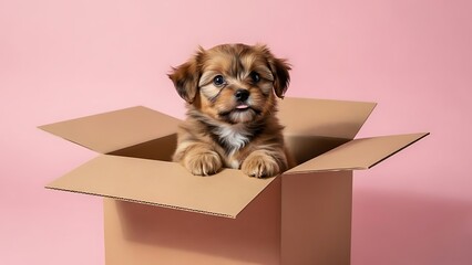 Adorable Fluffy Puppy Peeking Out of a Cardboard Box on Pink Background