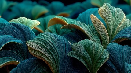 Abstract photo background of textured teal and gold leaf-like shapes with flowing lines blue botanical