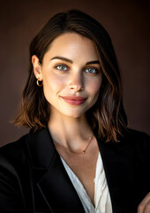 A stylish woman with shoulder-length dark hair and striking blue eyes stands in a well-lit studio. She exudes confidence in a sleek black blazer, enhancing her radiant smile.