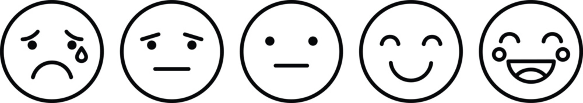 Emotions scale set, flat line vector icons, representing levels of satisfaction from sad and crying to happy and laughing, white background.