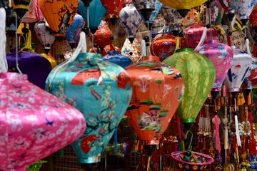 Colorful lanterns at a market in the old town of Hanoi, Vietnam