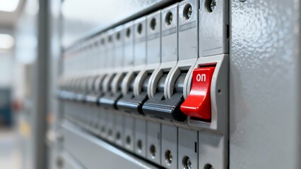 A metal rack of network servers with industrial power cables and computer equipment sits inside a technology warehouse control room