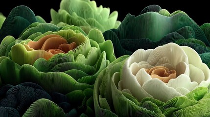 Close-up of layered abstract floral forms in green, white, and orange with textured petals photo