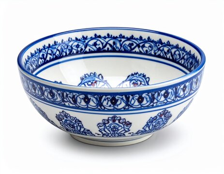 Turkish Iznik ceramic bowl with blue patterns, isolated on neutral background