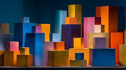 Colorful geometric blocks arranged in a cityscape silhouette against a dark blue photo background