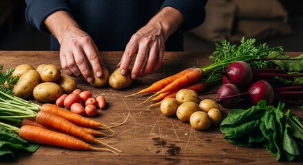 Hands sorting fresh organic root vegetables including potatoes, carrots, and beets on a rustic wooden table.