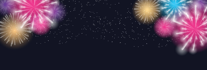 Colorful fireworks exploding in a starry night sky illustration.