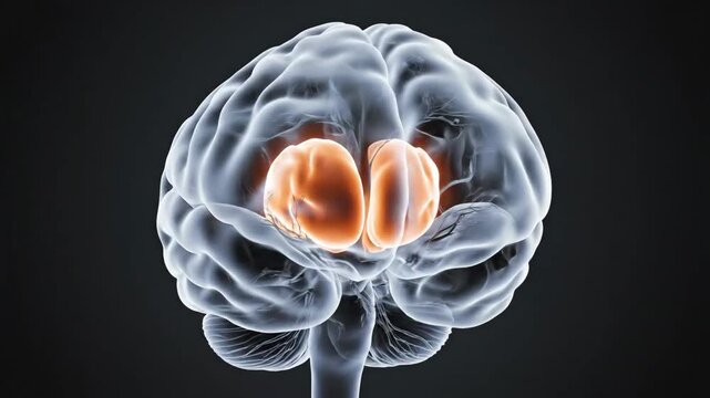 Human Brain Anatomy with Highlighted Globus Pallidus - This video shows a translucent representation of the human brain, with the globus pallidus highlighted in orange.
