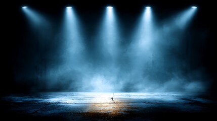 Dark Stage with Blue Spotlights and Smoke Effect on Concrete Floor beam blue light photo