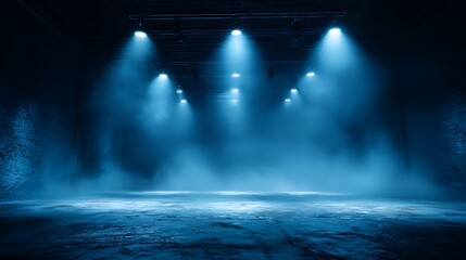 Dark Industrial Stage with Blue Spotlights and Smoke Effects lighting photo