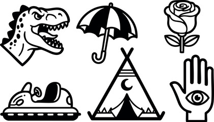 Fototapeta premium Dinosaur head umbrella rose bumper car camping tent hand with eye vector icons set 