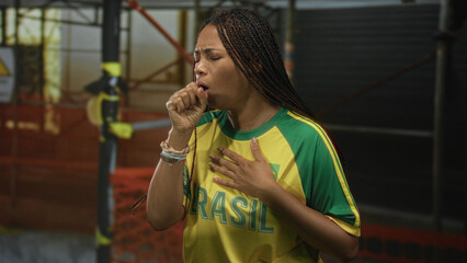 Woman coughing into fist with hand on chest, wearing yellow brasil jersey amid building scaffolding...