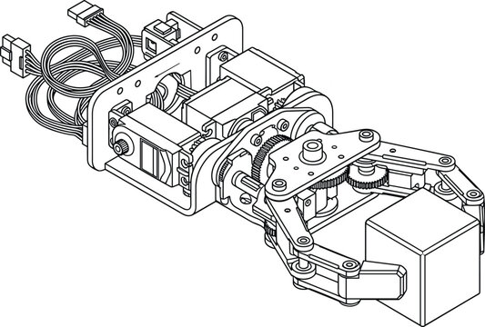 Line art of robotic arm blueprint with gripper and gears is on transparent backdrop.
