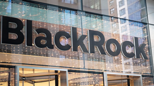 New York, NY - Dec 21, 2025: American multinational investment company Blackrock, Inc. corporate headquarters sign at 50 Hudson Yards in Manhattan.