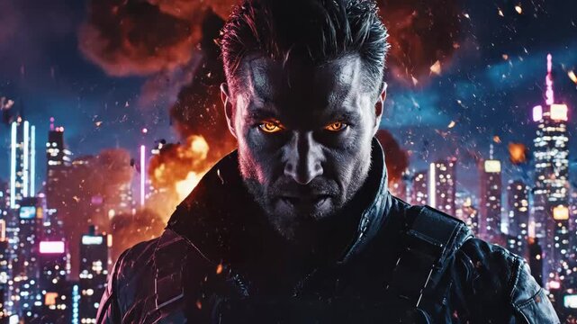 Angry Man with Fiery Eyes in Burning City - A man with glowing orange eyes and a sinister grin stands amidst a fiery explosion and falling debris.