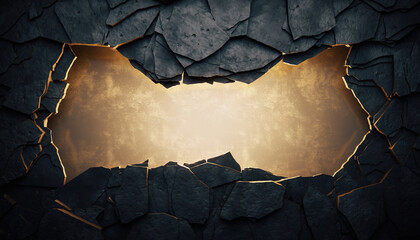 Abstract dark cracked stone wall with golden geometric grout, luxury kintsugi style background for premium branding 2026