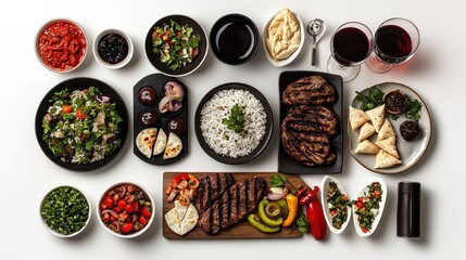 Wide variety of delicious cooked dishes and ingredients including salads sauces meats rice vegetables and beverages arranged for dining presentation